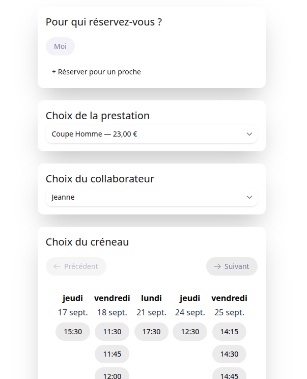 Page publique de prise de rendez-vous